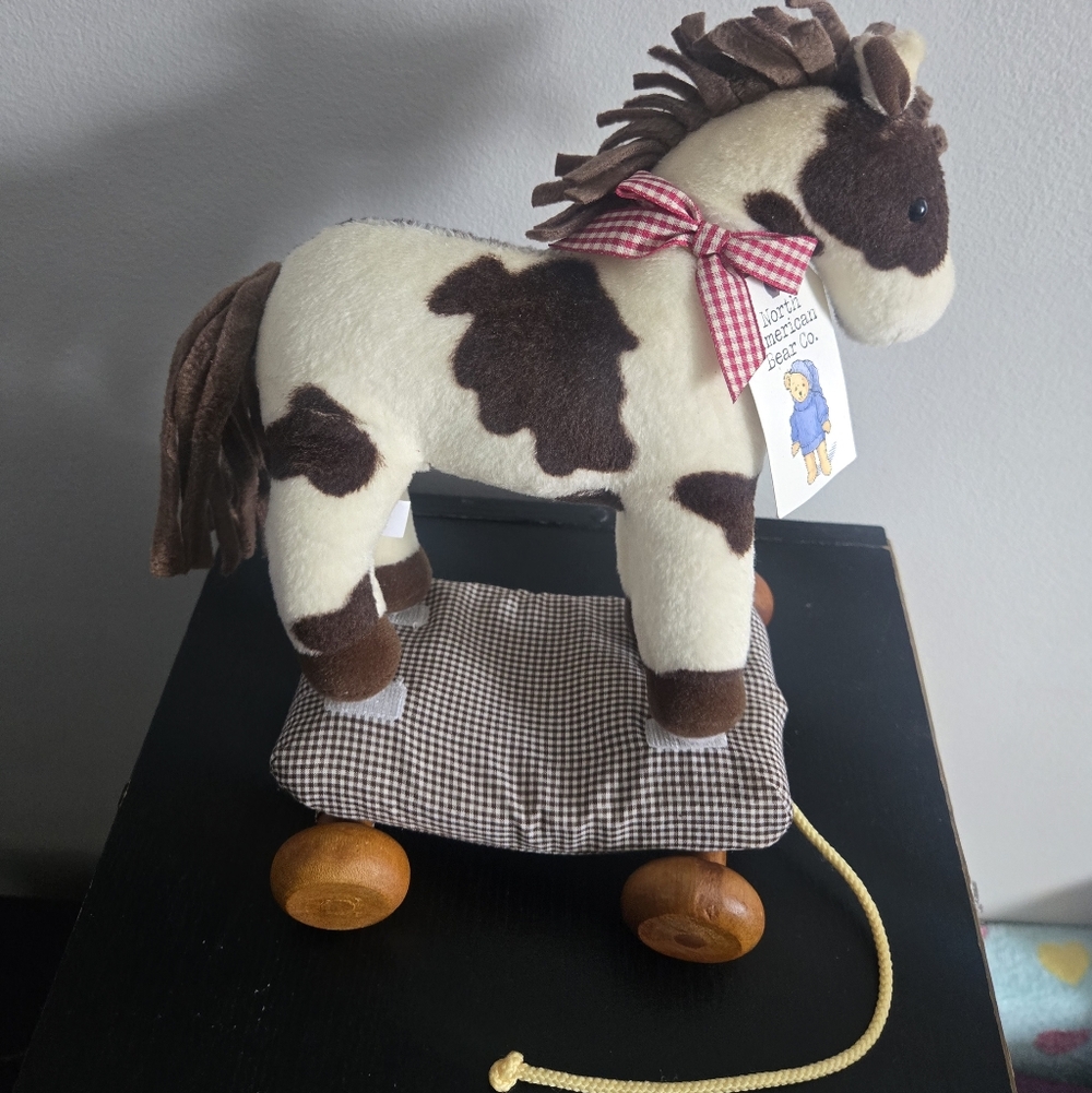 Plush Horse Pull Toy with Brown and White Design